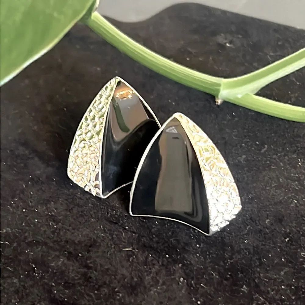 Trifari Silver Tone and Black Triangle Pieced Earrings